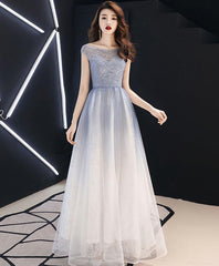 Blue Round Neck Tulle Long Corset Prom Dress, Blue Tulle Evening Dress outfit, Prom Dresses Long Sleeves