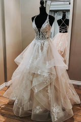 Champagne V-Neck Tulle Long Corset Prom Dresses, A-Line Corset Formal Evening Dresses outfit, Homecomming Dress Long