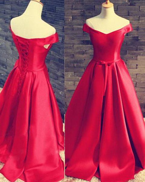 2024 Gorgeous Red Floor-Length/Long A-Line/Princess Off-the-Shoulder Lace Up Satin Corset Prom Dresses outfit, Bridesmaids Dresses Under 122