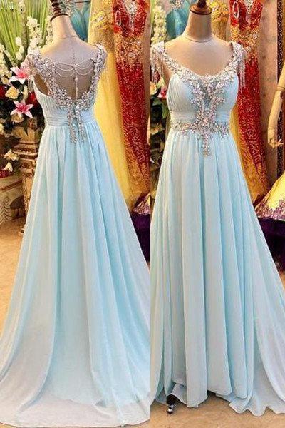 A-Line/Princess V-Neck Sleeveless Sweep/Brush Train Chiffon 2024 Blue Corset Prom Dresses outfit, Bridesmaid Dresses Gowns