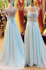 A-Line/Princess V-Neck Sleeveless Sweep/Brush Train Chiffon 2024 Blue Corset Prom Dresses outfit, Bridesmaid Dresses Gowns