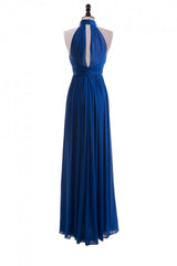 Royal Blue Chiffon Halter Keyhole Long Corset Formal Dress outfit, Party Dress Long