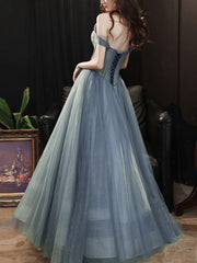 A Line Sweetheart Neck Gray Blue Tulle Long Corset Prom Dress, Blue Evening Dress outfit, Homecomming Dresses Vintage