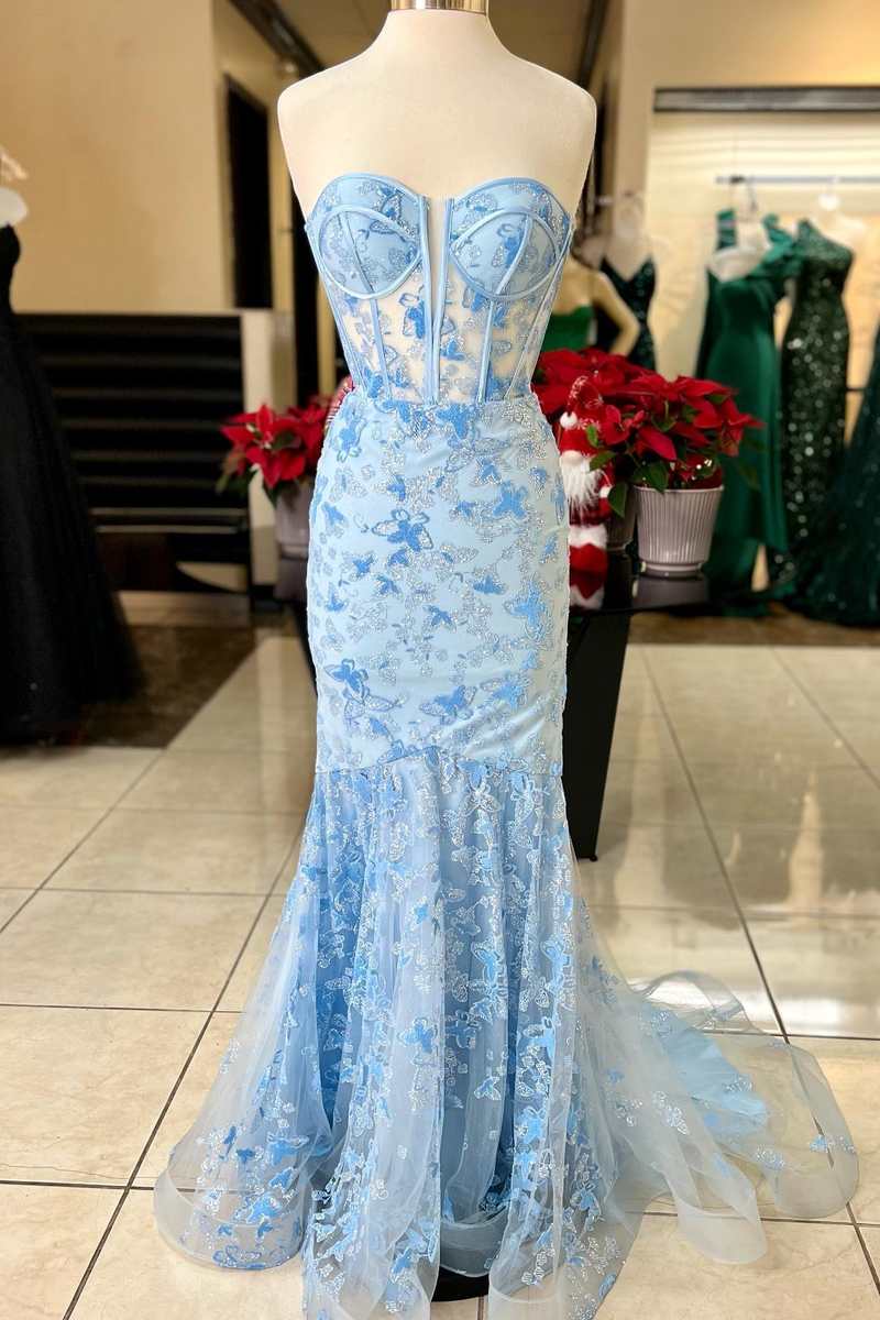 Light Blue Lace Sweetheart Trumpet Long Corset Prom Dress outfits, Homecoming Dress Under 68