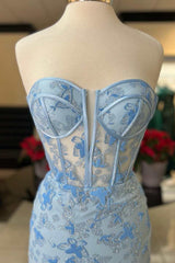 Light Blue Lace Sweetheart Trumpet Long Corset Prom Dress outfits, Homecomming Dresses Cute