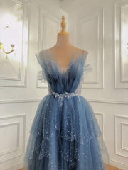 Gray Blue Tulle Beads Long Corset Prom Dress, Blue Tulle Corset Formal Dress outfit, Evening Dresses Wedding