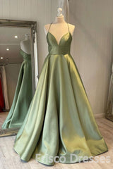 Green Simple A Line Satin Spaghetti Straps Long Corset Prom Dresses outfit, Party Dresses Formal
