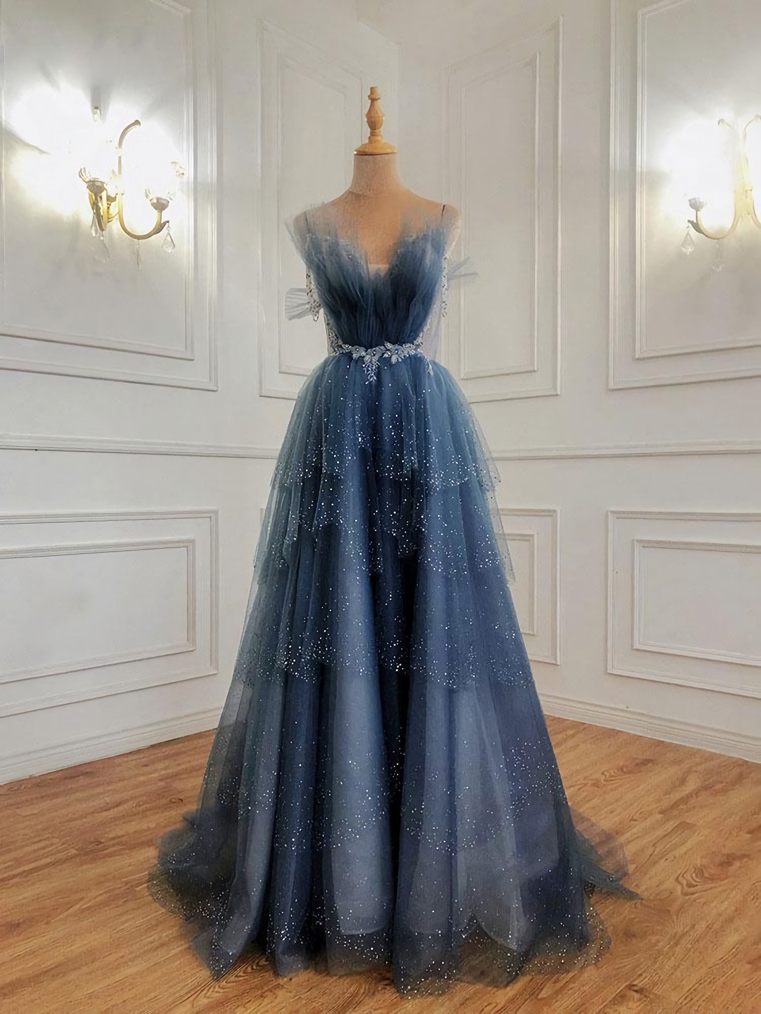 Gray Blue Tulle Beads Long Corset Prom Dress, Blue Tulle Corset Formal Dress outfit, Evening Dresses Stores