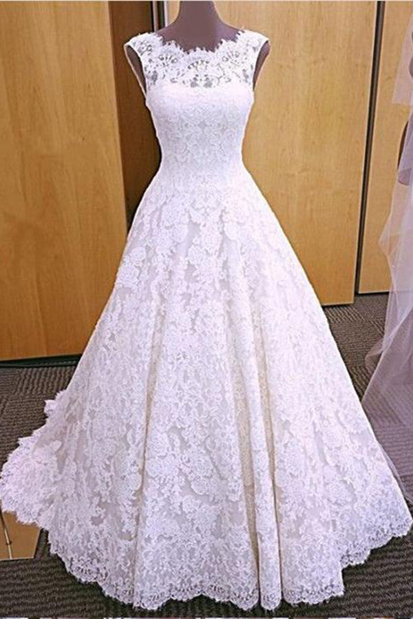 Chic Round Neck Open Back A Line Sleeveless Lace Appliques Corset Wedding Dresses outfit, Wedding Dresses For Beach Wedding
