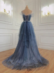 Gray Blue Tulle Beads Long Corset Prom Dress, Blue Tulle Corset Formal Dress outfit, Evening Dress Wedding