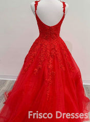 Red Tulle Lace A Line Corset Formal Evening Dresses Appliques Long Corset Prom Dresses outfit, Party Dresses In Store