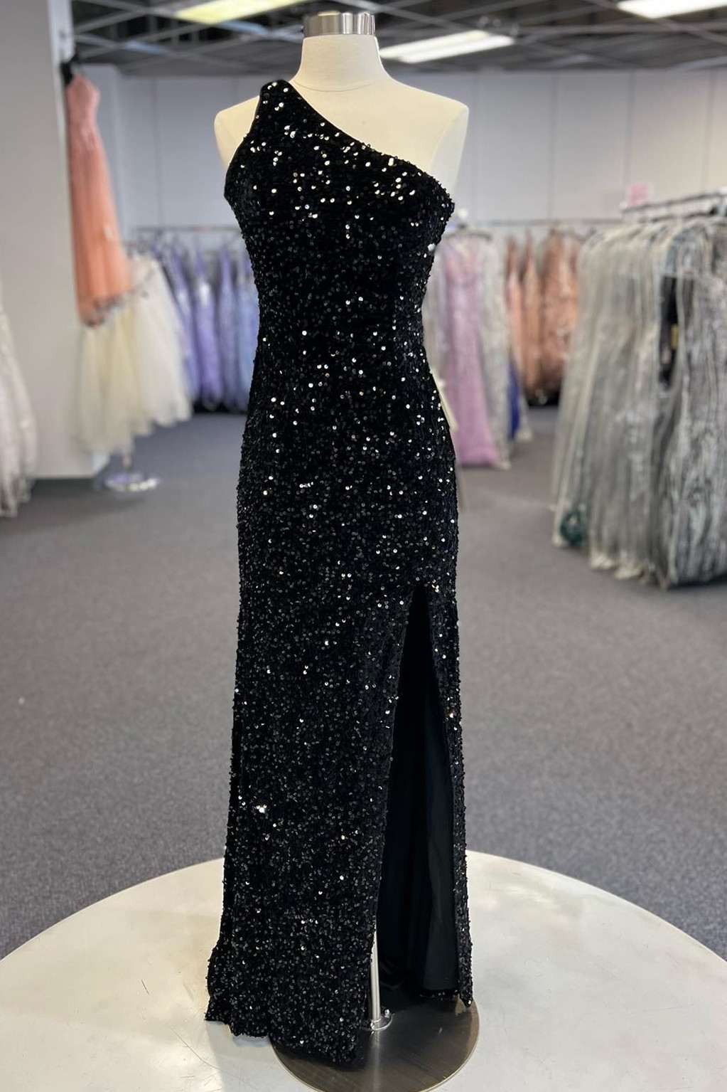 Black Sequin One-Shoulder Cutout Long Corset Prom Dress outfits, Bridesmaids Dresses Ideas