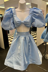 Light Blue Two-Piece Puff Sleeves A-line Corset Homecoming Dress outfit, Homecoming Dresses Simpl