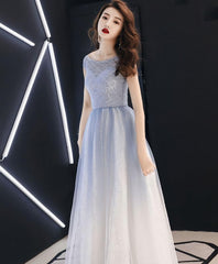 Blue Round Neck Tulle Long Corset Prom Dress, Blue Tulle Evening Dress outfit, Prom Dresses Elegent