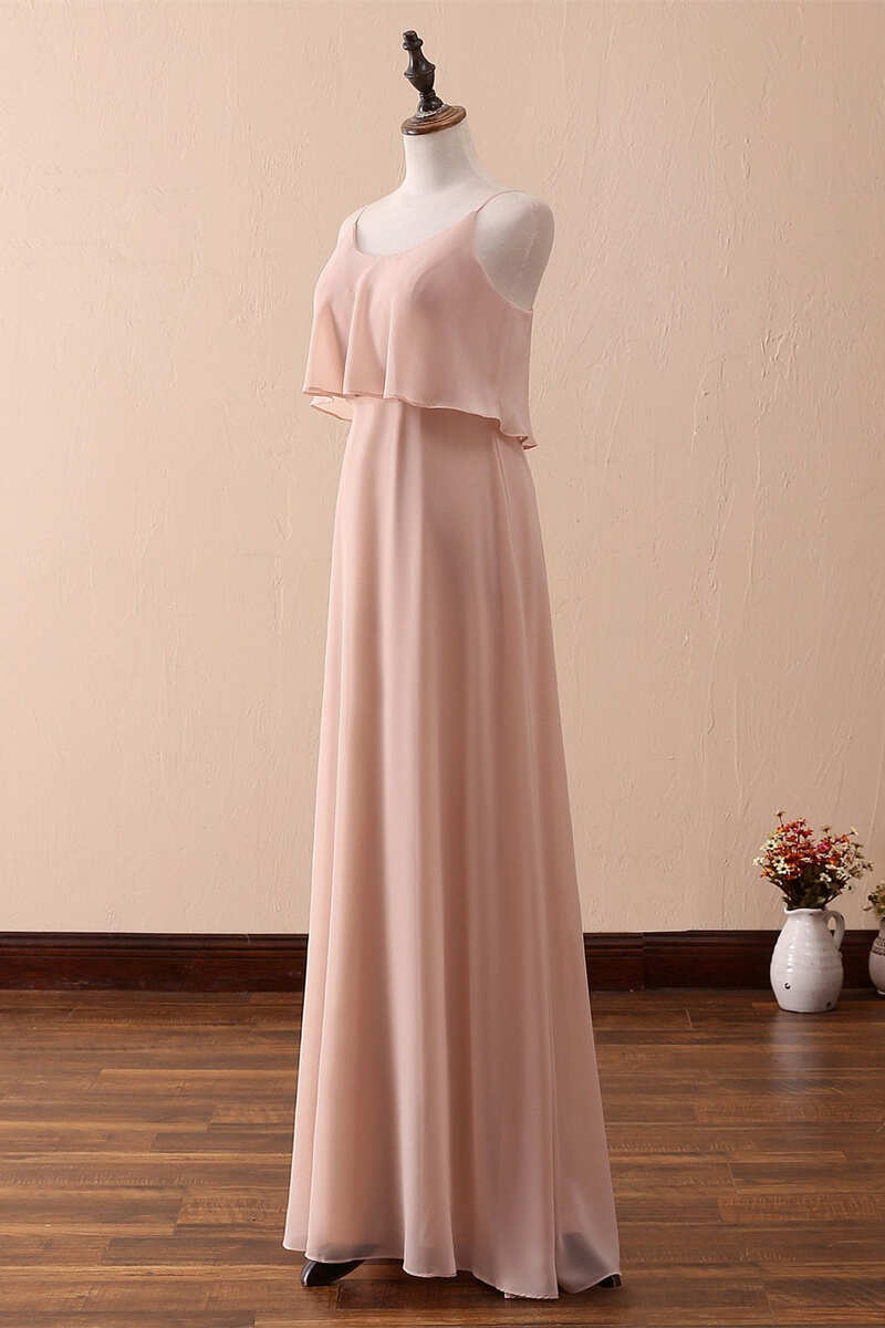 Blush Pink Spaghetti Strap Ruffled Long Corset Bridesmaid Dress outfit, Bridesmaid Dresses Sleeveless