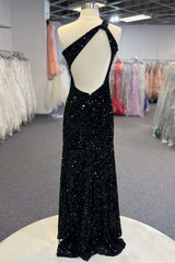 Black Sequin One-Shoulder Cutout Long Corset Prom Dress outfits, Bridesmaids Dresses Idea