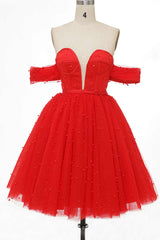 Red Off-the-Shoulder Bustier A-Line Short Corset Homecoming Dress outfit, Bridesmaids Dress Modest