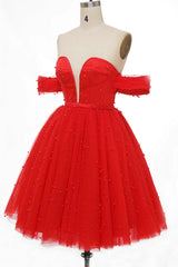 Red Off-the-Shoulder Bustier A-Line Short Corset Homecoming Dress outfit, Fall Wedding Color