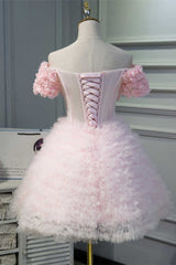 Pink Off-the-Shoulder Multi-tiered A-Line Corset Homecoming Dress outfit, Blue Prom Dress