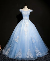 Blue Tulle Lace Off Shoulder Long Corset Prom Dress, Blue Tulle Lace Evening Dress outfit, Prom Dress Designs
