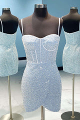 Light Blue Sequin Straps Bodycon Short Corset Homecoming Dress outfit, Homecomming Dresses Lace