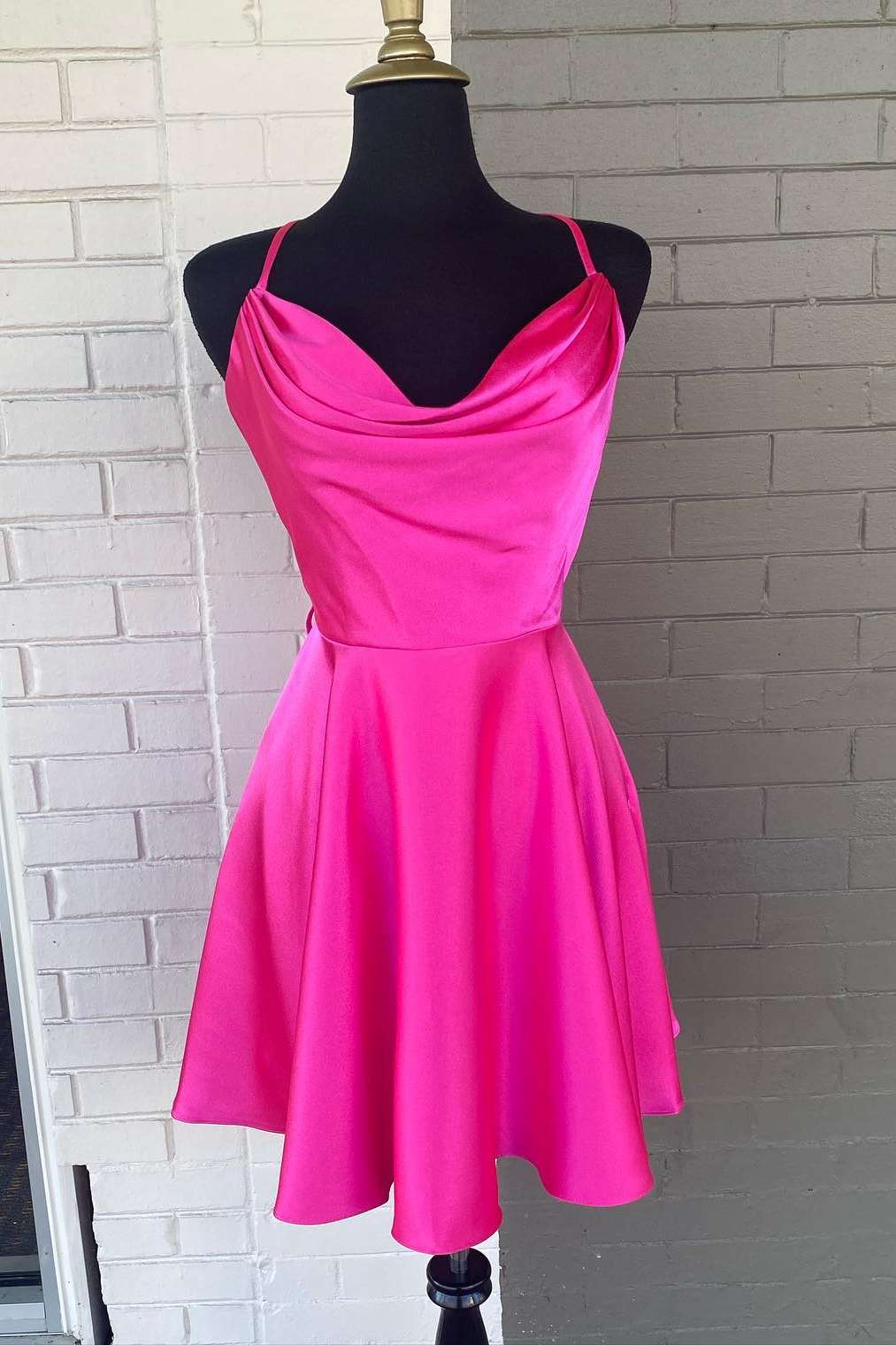 Neon Pink Cowl Neck A-Line Corset Homecoming Dress outfit, Prom Dresses Green