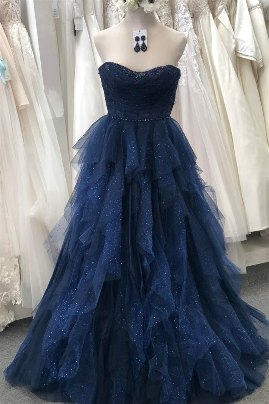 Sparkly Navy Blue Strapless Ruffle Layers Tulle Long Corset Prom Dress outfits, Formal Dress Cheap