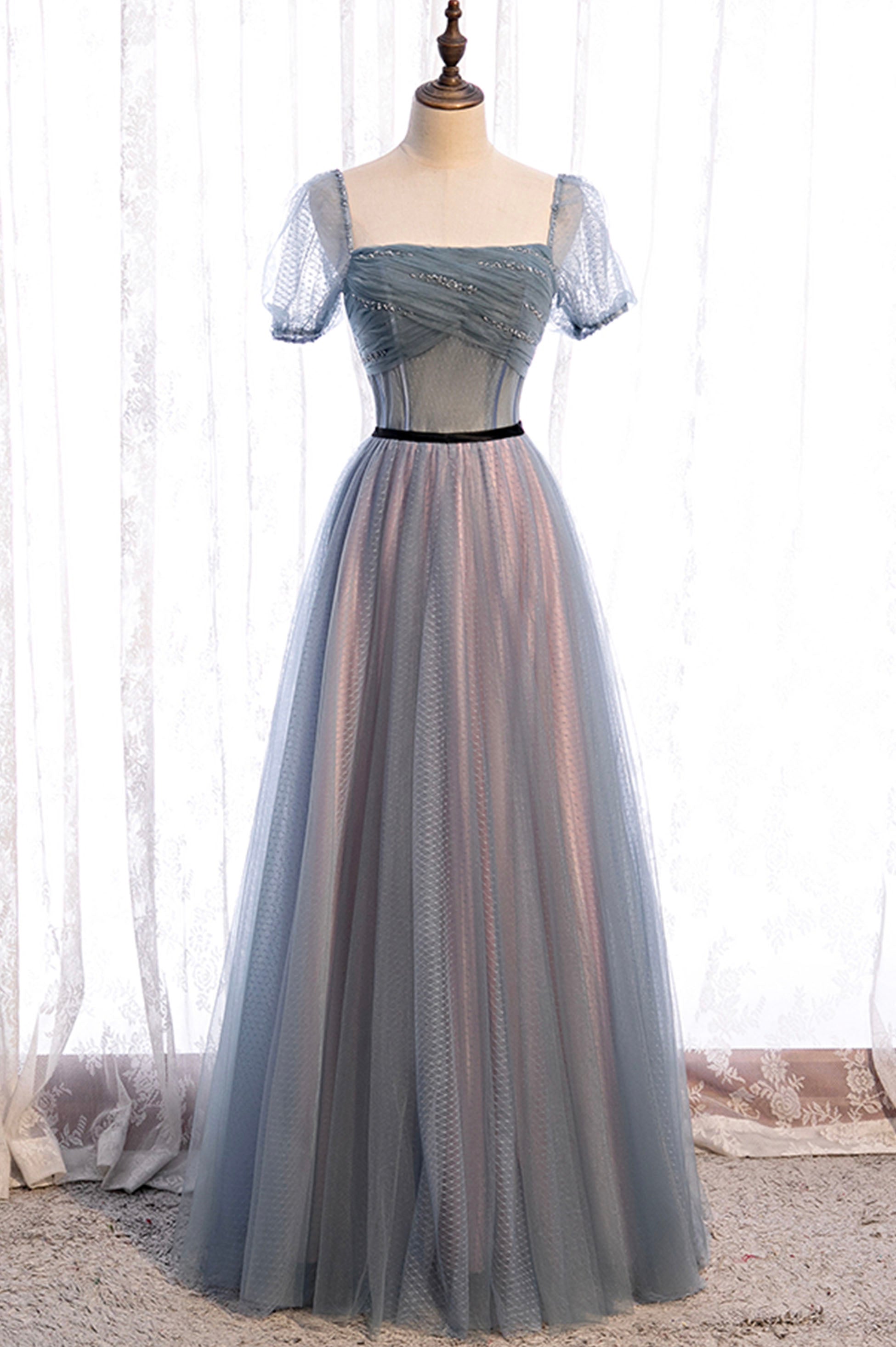 Gray Blue Tulle Long A-Line Corset Prom Dress, Cute Short Sleeve Evening Dress outfit, Prom Dresses Elegent