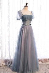 Gray Blue Tulle Long A-Line Corset Prom Dress, Cute Short Sleeve Evening Dress outfit, Prom Dress Shopping Near Me