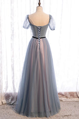 Gray Blue Tulle Long A-Line Corset Prom Dress, Cute Short Sleeve Evening Dress outfit, Prom Dress Shops Near Me