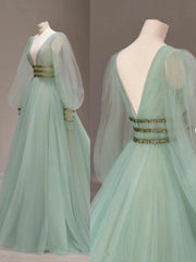 Green V Neck Tulle Sequin Long Corset Prom Dress outfits, Winter Dress