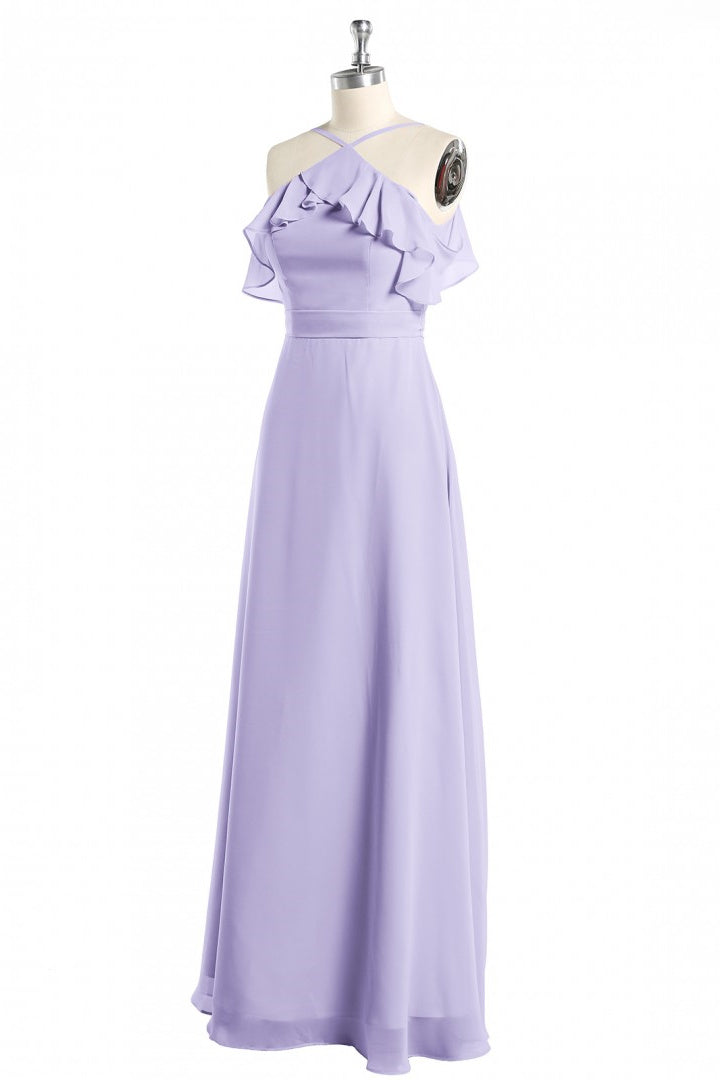 Lavender Halter Ruffled A-Line Long Corset Bridesmaid Dress outfit, Evening Dress Princess