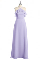 Lavender Halter Ruffled A-Line Long Corset Bridesmaid Dress outfit, Evening Dresses Long Elegant
