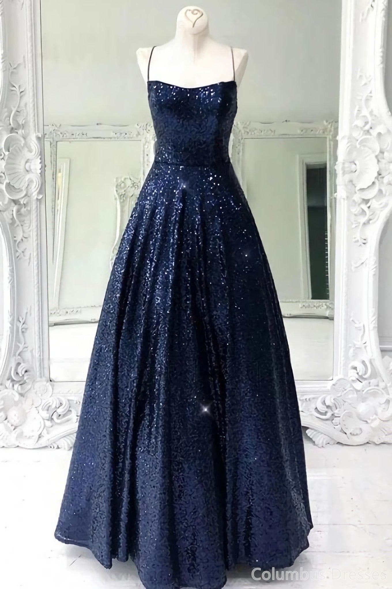 Stunning Sleeveless A Line Navy Blue Sequin Corset Prom Dresses outfit, Party Dresses For Girl