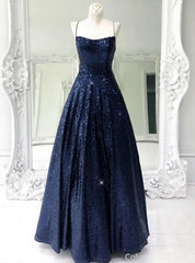 Stunning Sleeveless A Line Navy Blue Sequin Corset Prom Dresses outfit, Night Out Outfit