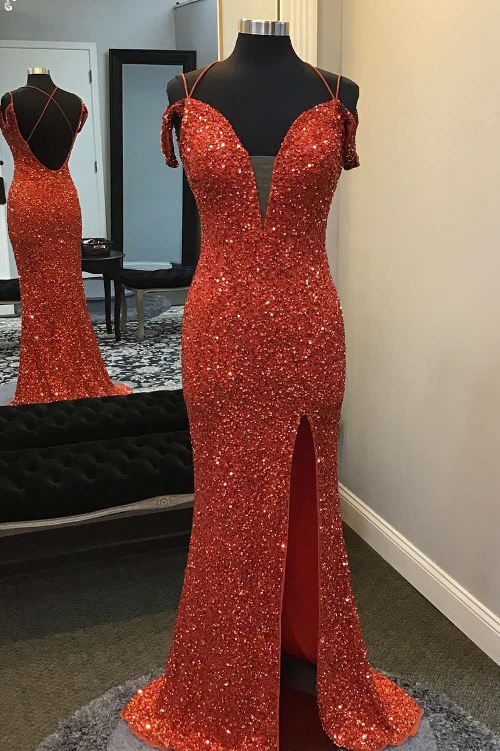 Red Sequin Off-the-Shoulder Mermaid Long Corset Prom Dress with Slit Gowns, Flower Dress