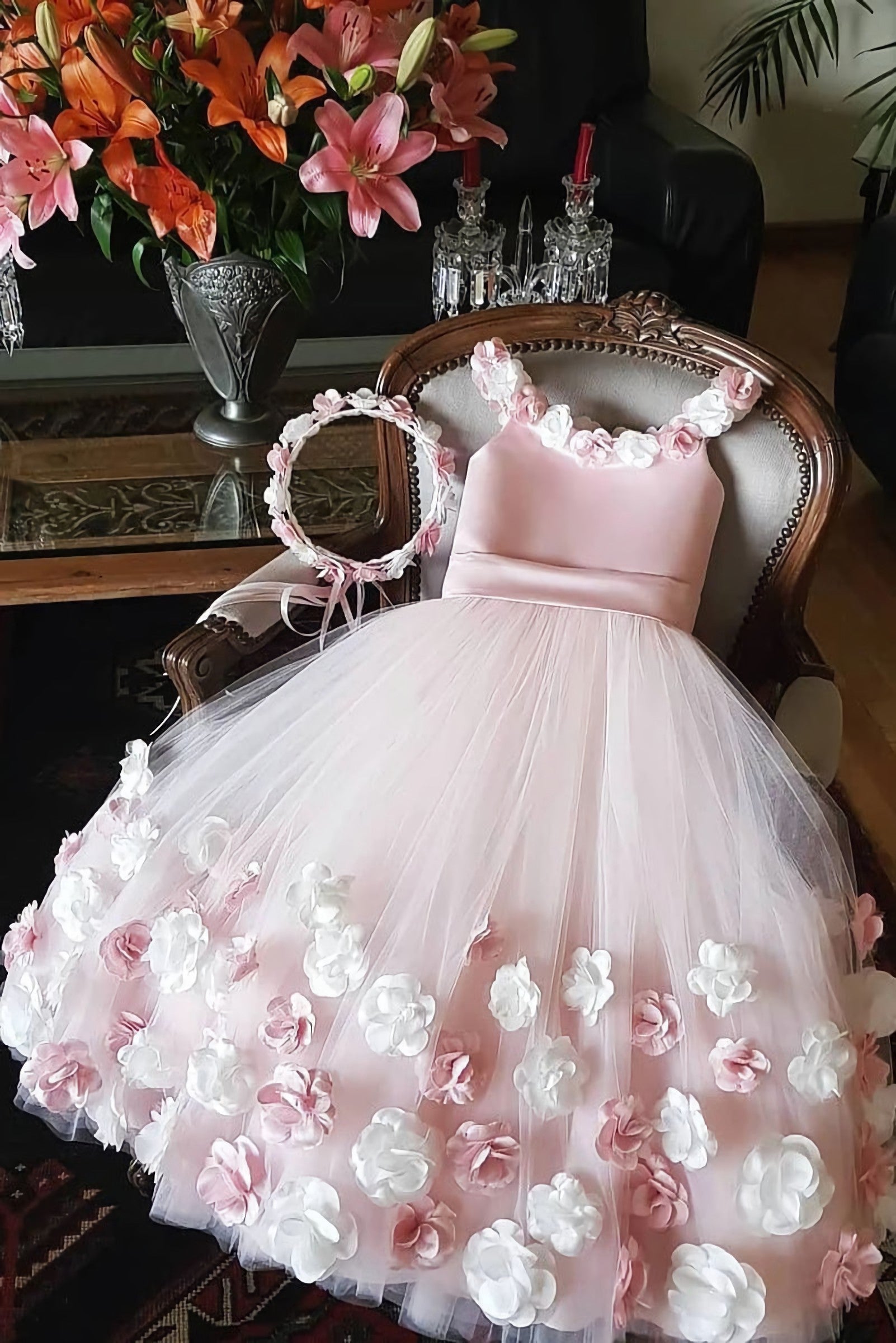 A Line Round Neck Pink Hand Made Flowers Flower Girl Dresses, Tulle Corset Wedding Party Dresses, Srs15019 Gowns, Wedding Dresses Brides