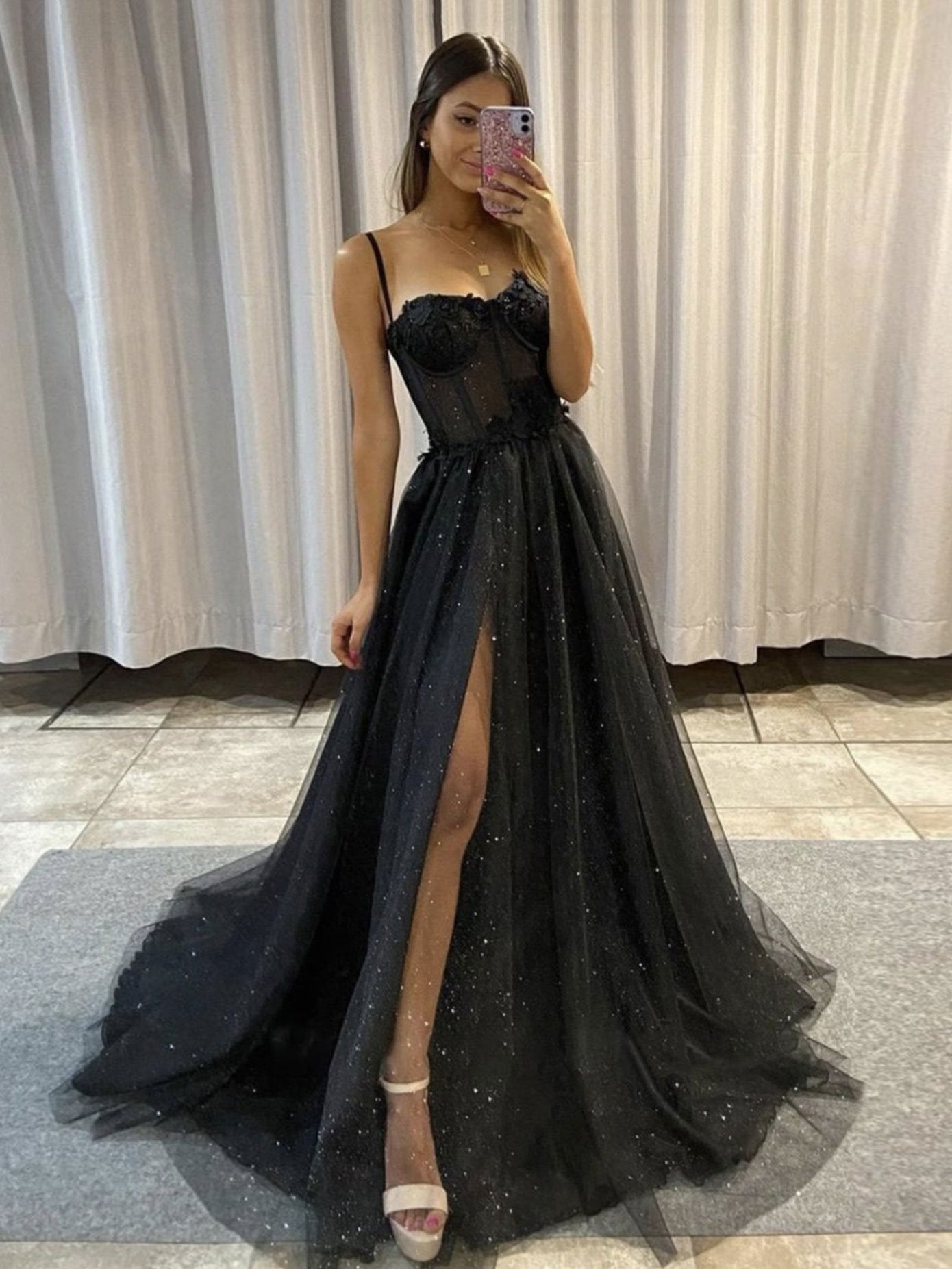 Black Sweetheart Neck Tulle Long Corset Prom Dress outfits, Cocktail Dress