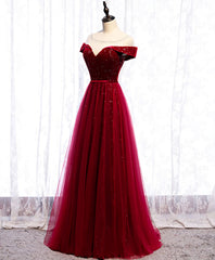 Burgundy Round Neck Tulle Sequin Long Corset Prom Dress, Tulle Corset Formal Dress outfit, Formal Dress Outfit Ideas