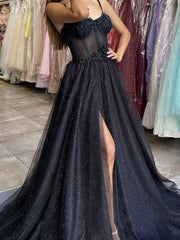 Black Sweetheart Neck Tulle Long Corset Prom Dress outfits, Ball Gown