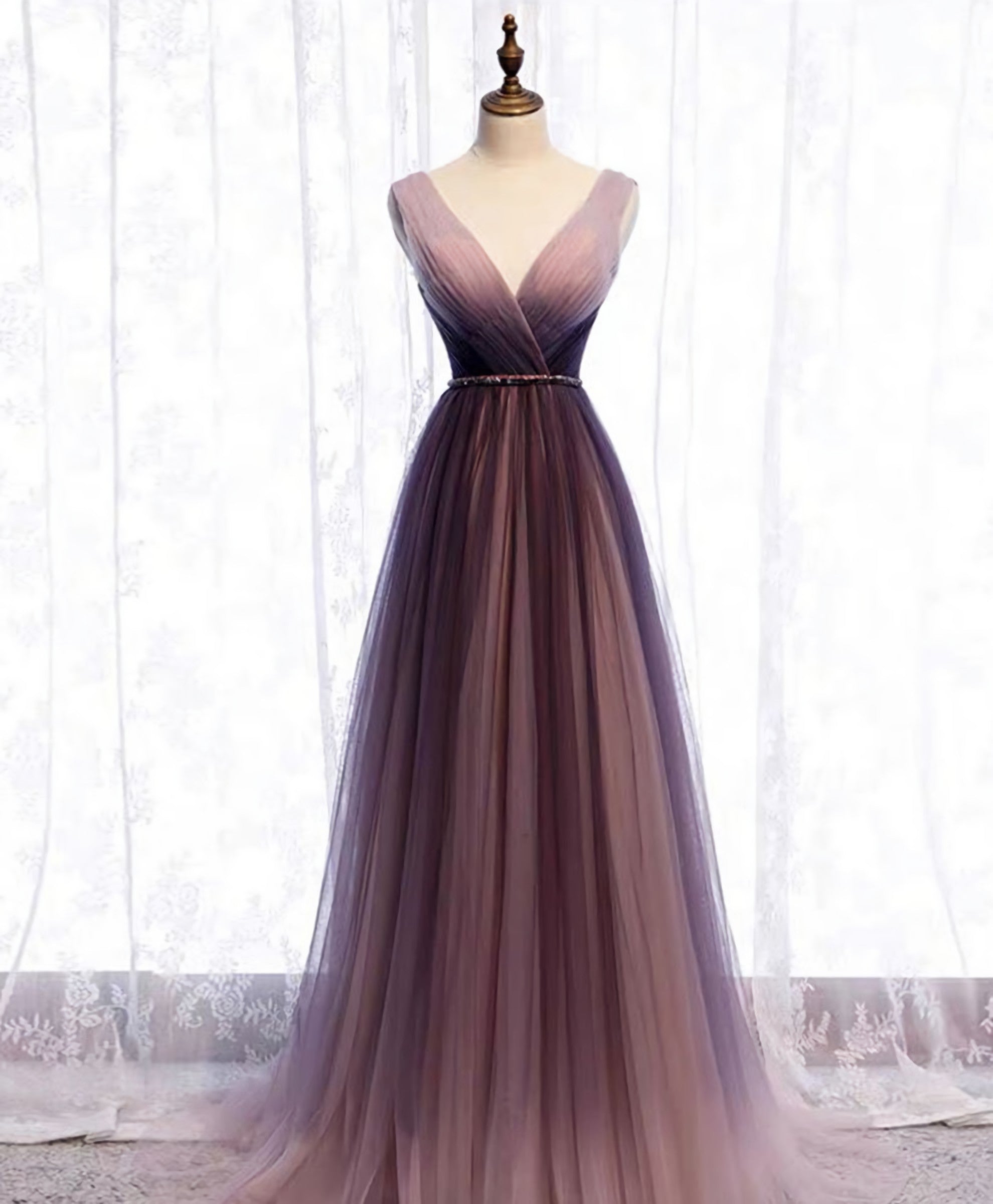 Simple V Neck Tulle Long Corset Prom Dress, Tulle Evening Dress outfit, Prom Dresses Casual