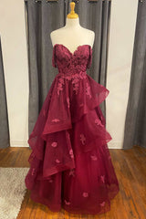 Wine Floral Lace Strapless A-Line Tiered Corset Prom Dress outfits, Homecoming Dress Online