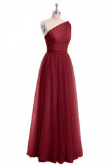 Wine Red Tulle One-Shoulder A-Line Corset Bridesmaid Dress outfit, Homecoming Dress Classy Elegant