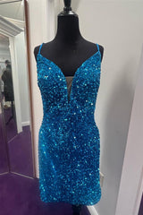 Blue Plunging V Neck Lace-Up Sequins Sheath Corset Homecoming Dress outfit, Bridesmaid Dress Shops Near Me