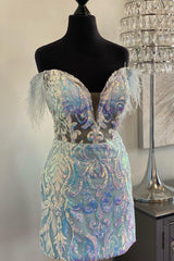 Light Blue Off-the-Shoulder Sequin-Embroidered Feathers Corset Homecoming Dress outfit, Homecomeing Dresses Short