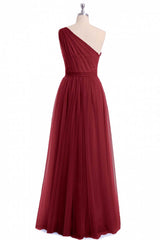Wine Red Tulle One-Shoulder A-Line Corset Bridesmaid Dress outfit, Homecoming Dresses Aesthetic