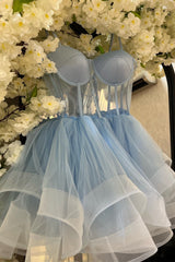 Light Blue A-line Illusion Tulle Corset Homecoming Dress outfit, Homecoming Dresses Short