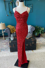 Red Sequin Cowl Neck Lace-Up Back High-Low Corset Prom Dress outfits, Simple Prom Dress