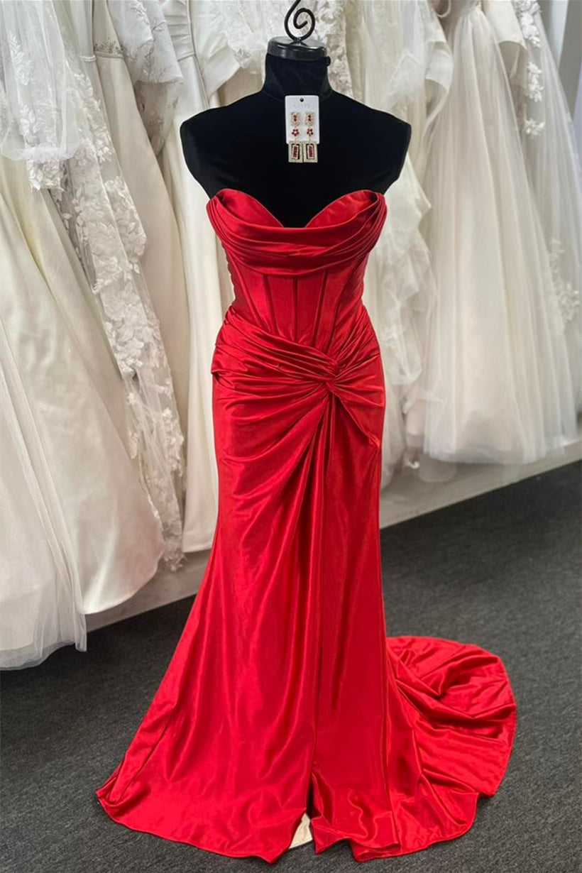 Red Strapless Pleated Mermaid Twist Knot Long Corset Prom Dress with Slit Gowns, Party Dresses Cheap