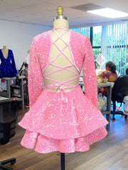 Pink Cocktail Dresses A-Line V-Neck Long Sleeve Shiny Sequin Corset Homecoming Dresses outfit, Party Dress For Cocktail